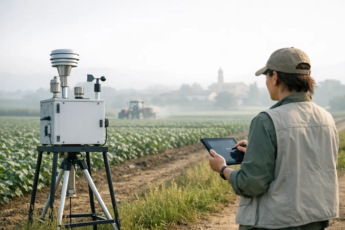 Tecnico controlla con un tablet una centralina di monitoraggio dell’aria su treppiede ai margini di un campo coltivato