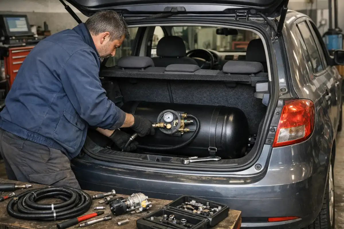 Meccanico in officina installa un serbatoio a gas nel bagagliaio di un’auto con portellone aperto
