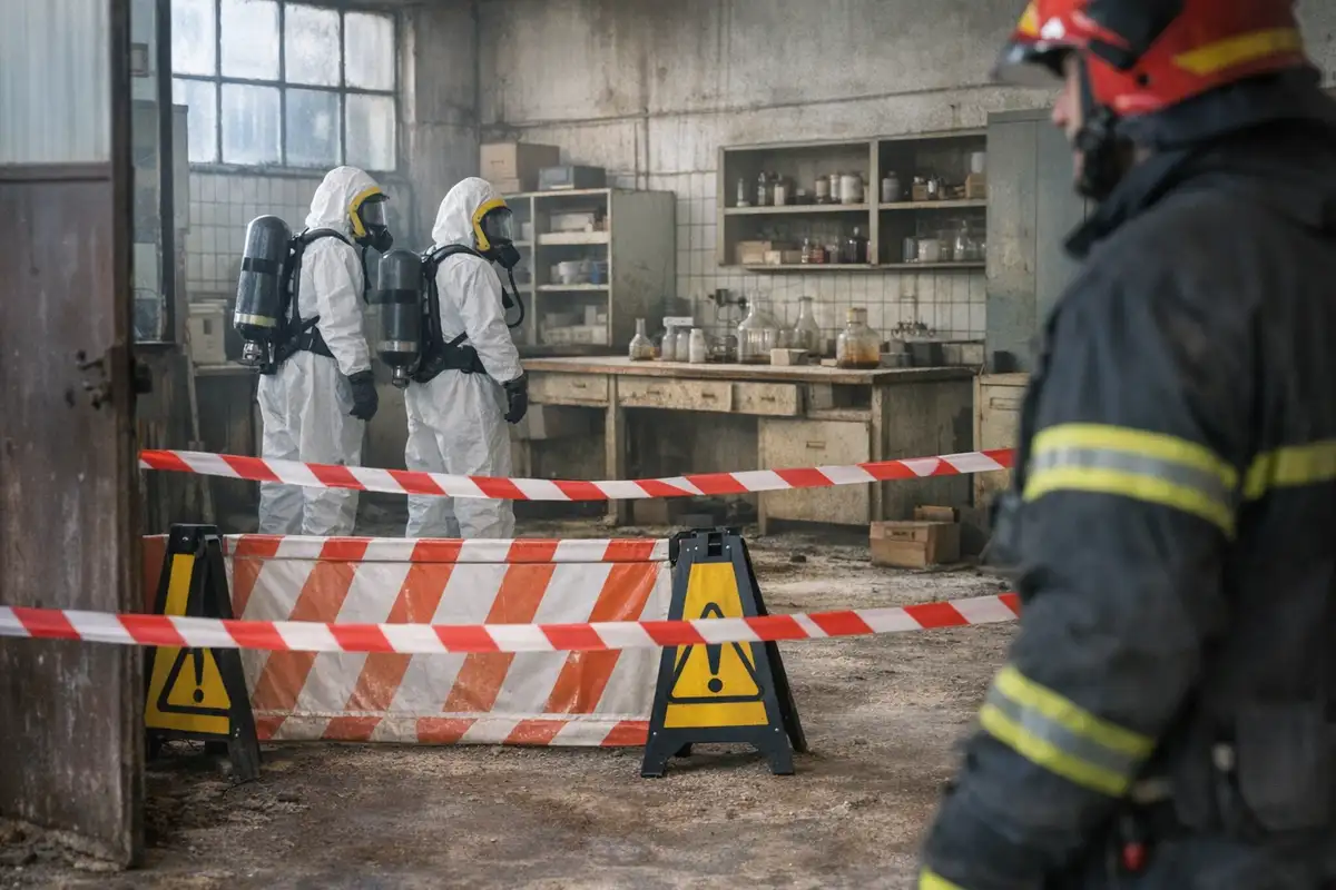 Tecnici in tute protettive dietro nastro di sicurezza in un laboratorio industriale dismesso con vetreria