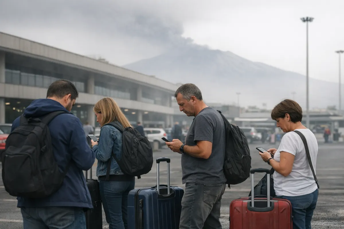 Viaggiatori con valigie controllano lo smartphone fuori dal terminal, con foschia e profilo dell’Etna sullo sfondo