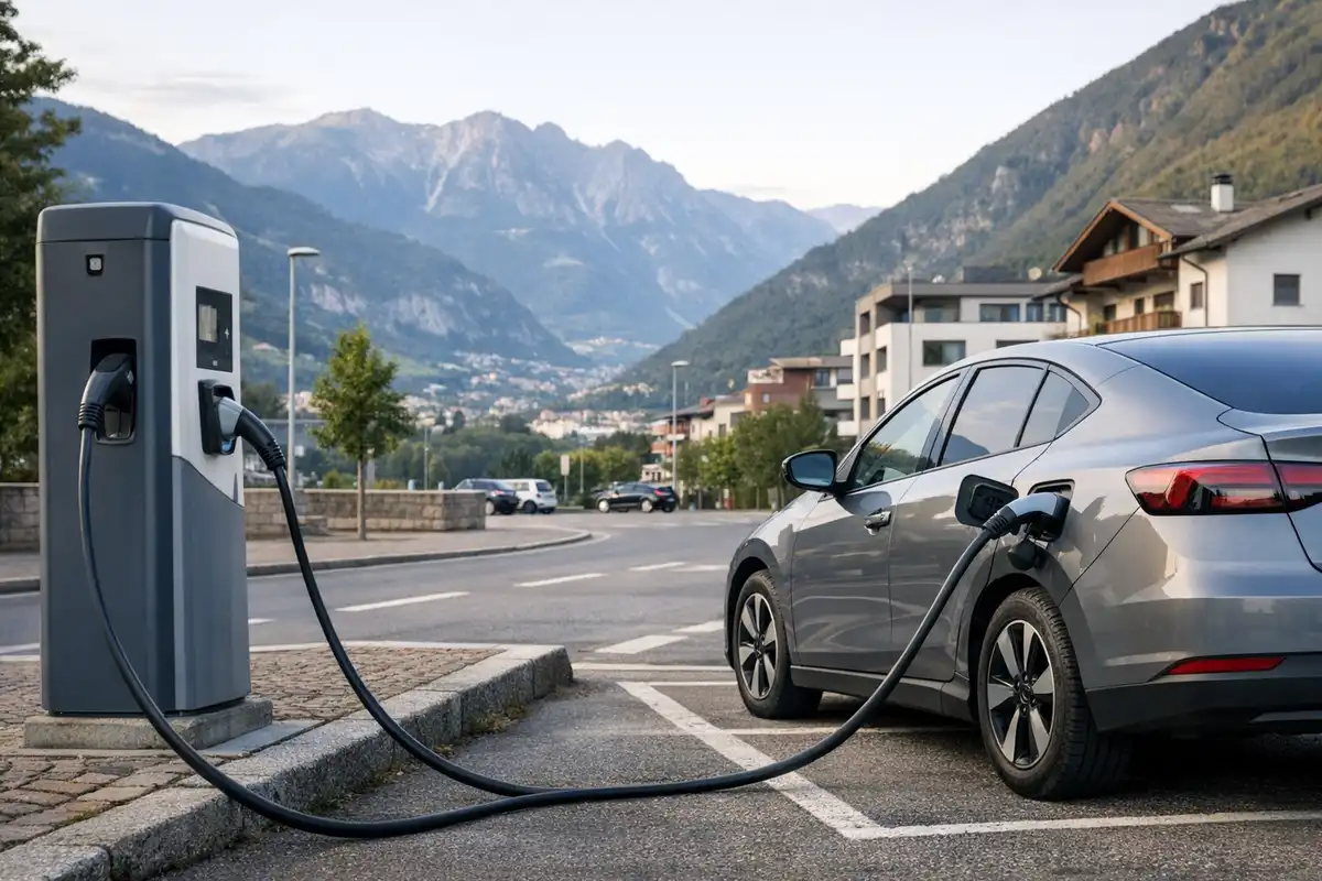Auto elettrica grigia in ricarica a una colonnina pubblica, con montagne alpine e palazzi sullo sfondo