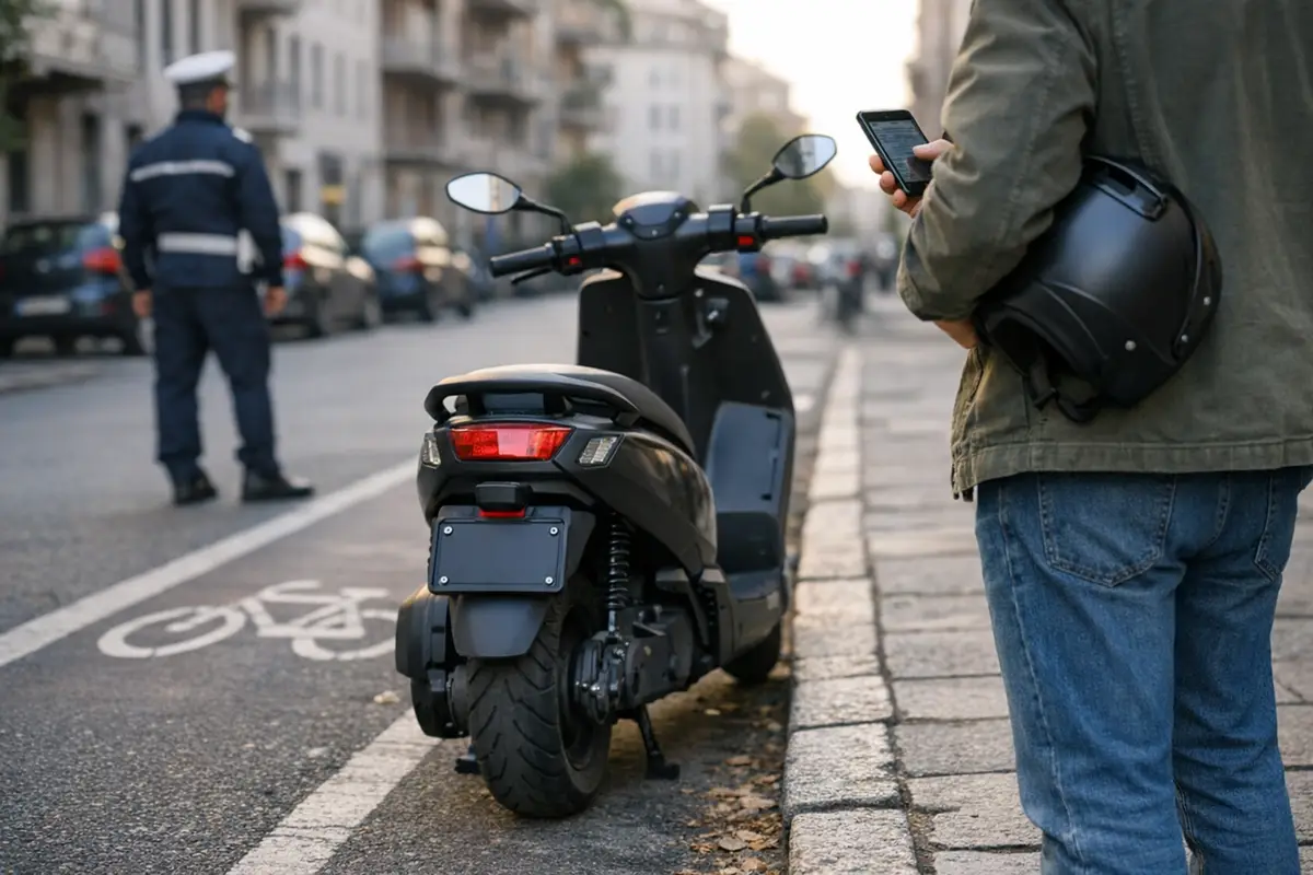 Monopattino elettrico parcheggiato con portatarghino, persona con casco e smartphone e agente sullo sfondo