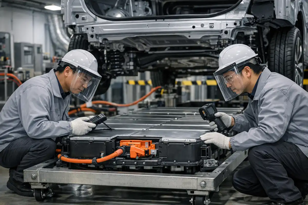 Due tecnici con visiere protettive controllano un pacco batteria ad alta tensione sotto il telaio di un’auto elettrica in