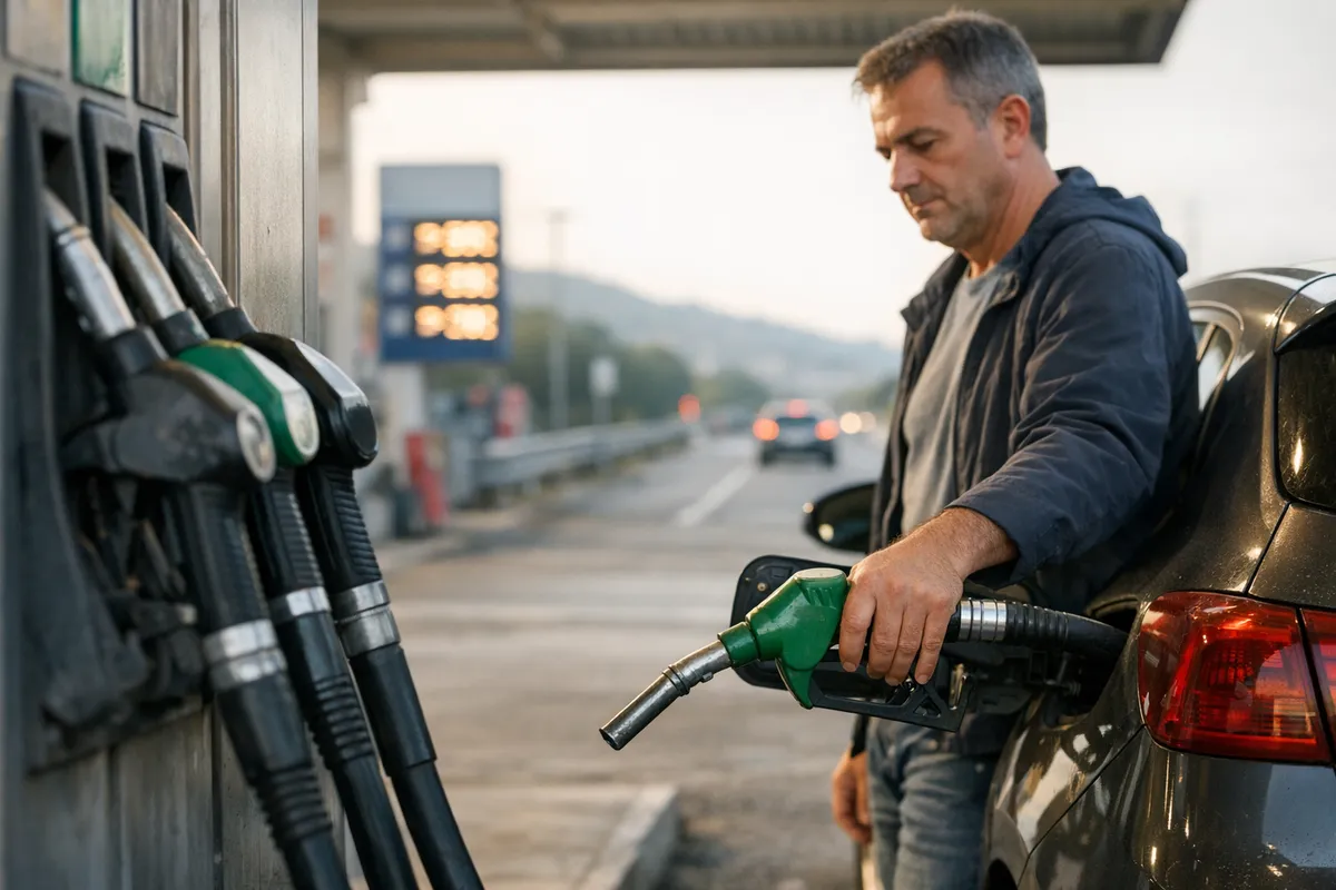 Automobilista fa rifornimento con pistola verde a una stazione self-service, con tabellone prezzi sfocato sullo sfondo