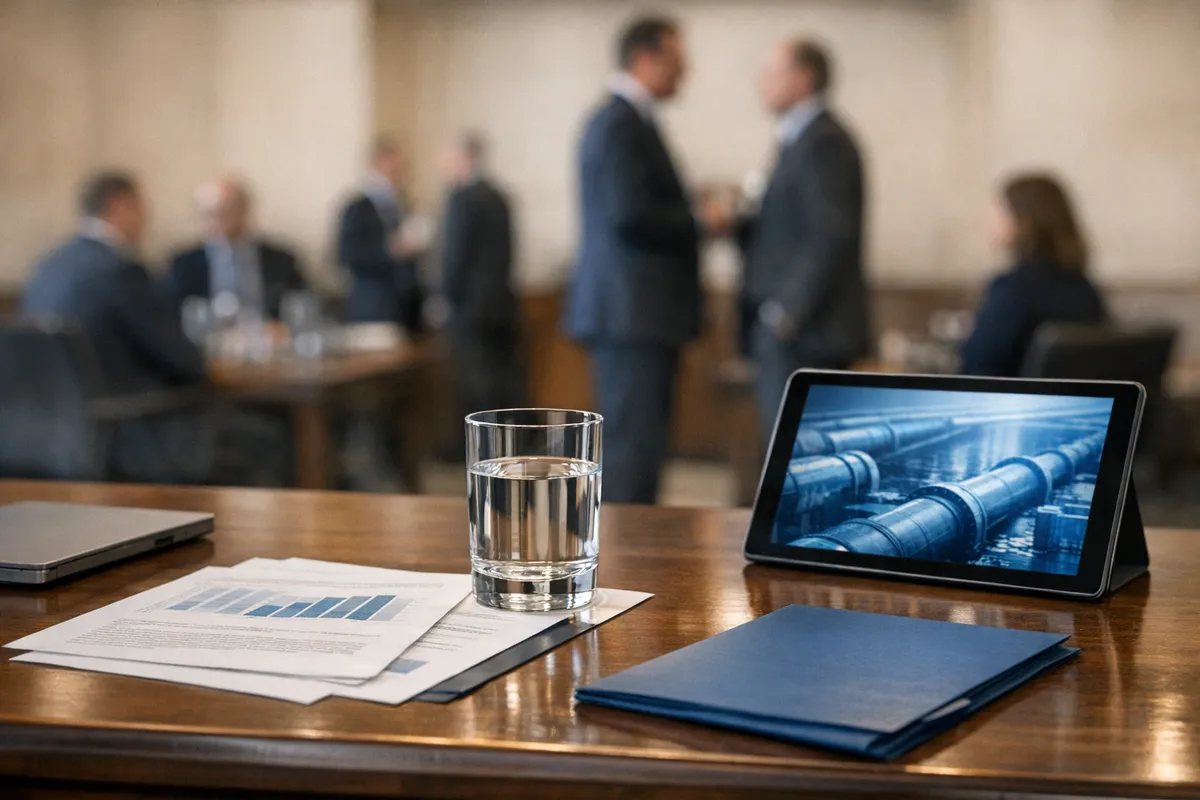 Bicchiere d’acqua su tavolo con documenti finanziari, tablet con immagine di tubazioni e manager sfocati sullo sfondo