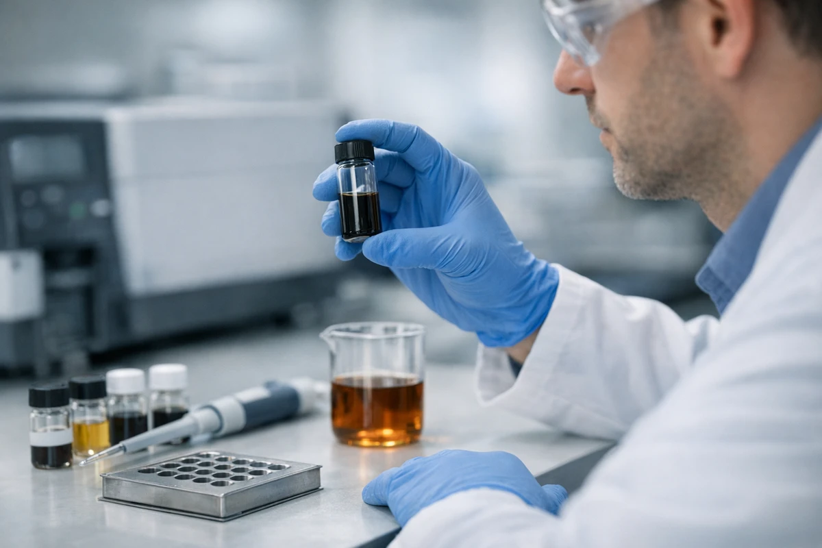 Tecnico di laboratorio con guanti e occhiali analizza una fiala di olio scuro su banco con becher e campioni