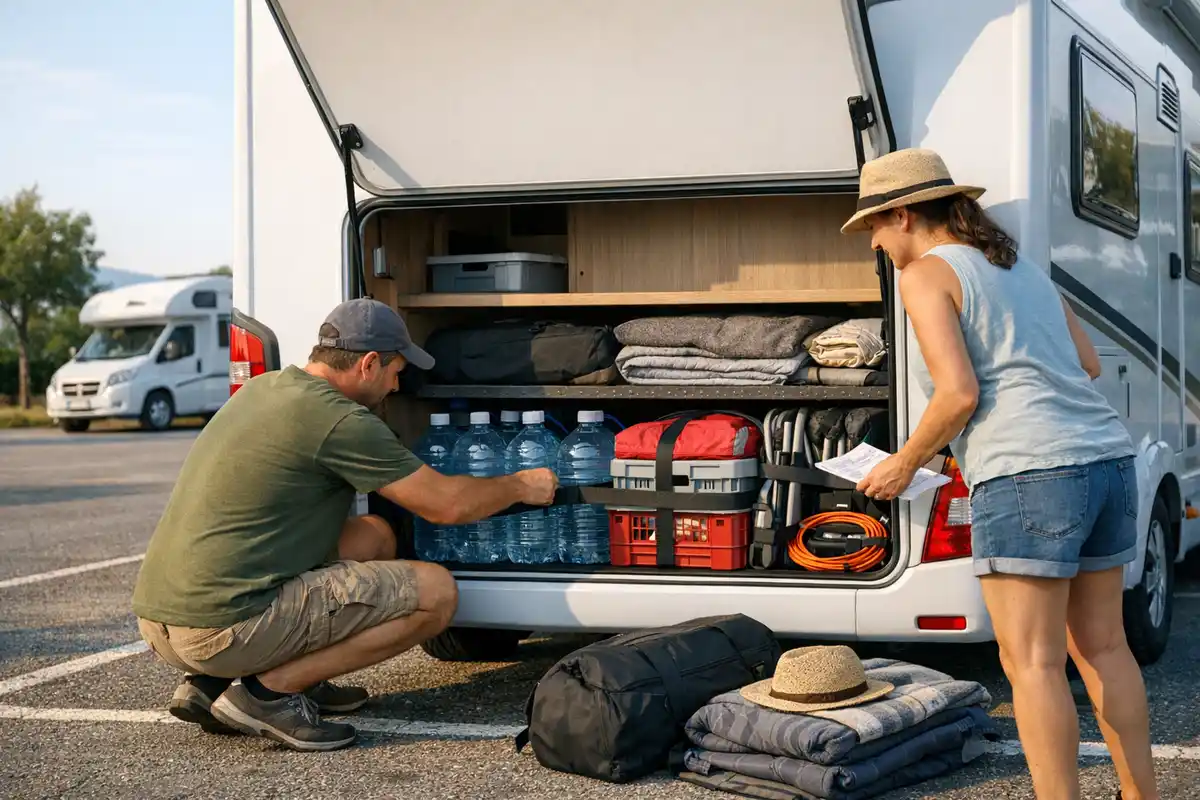 Carico ordinato nel vano posteriore di un camper con taniche d’acqua, cassette e cinghie, due viaggiatori controllano