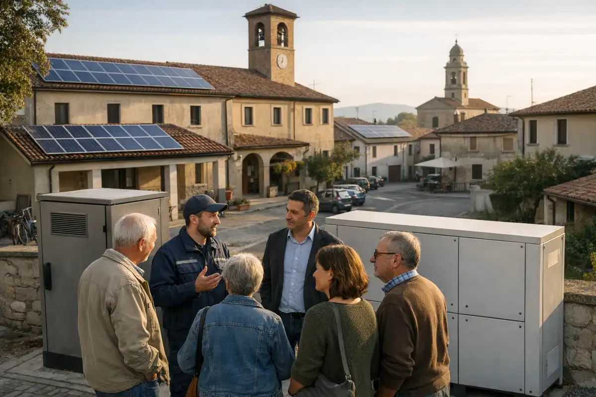 Residenti e tecnico vicino a unità di accumulo in un borgo con pannelli solari sui tetti