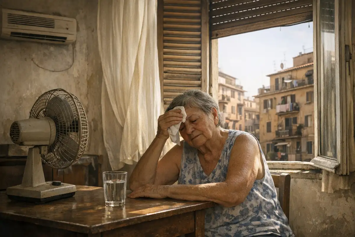 Anziana accaldata si tampona la fronte al tavolo con un ventilatore e un bicchiere d’acqua vicino a una finestra aperta