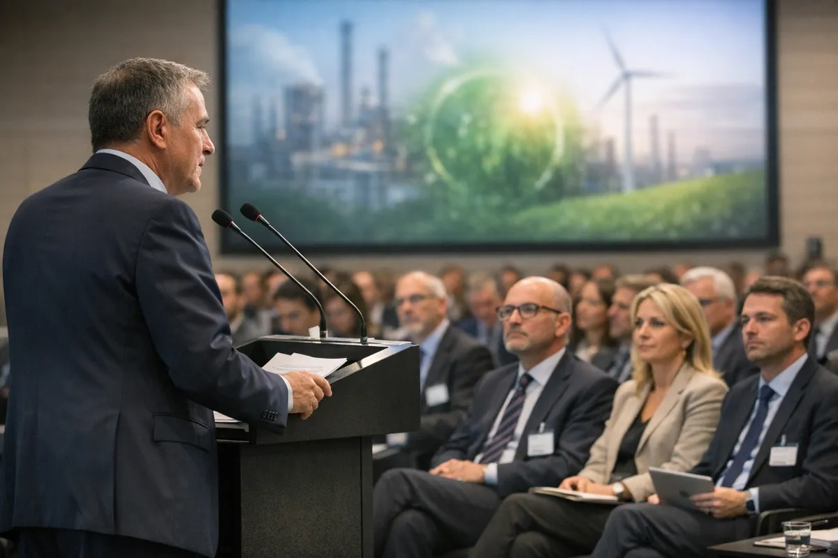 Relatore a un podio davanti a una platea in sala conferenze, con schermo su industria, turbine eoliche e transizione verde