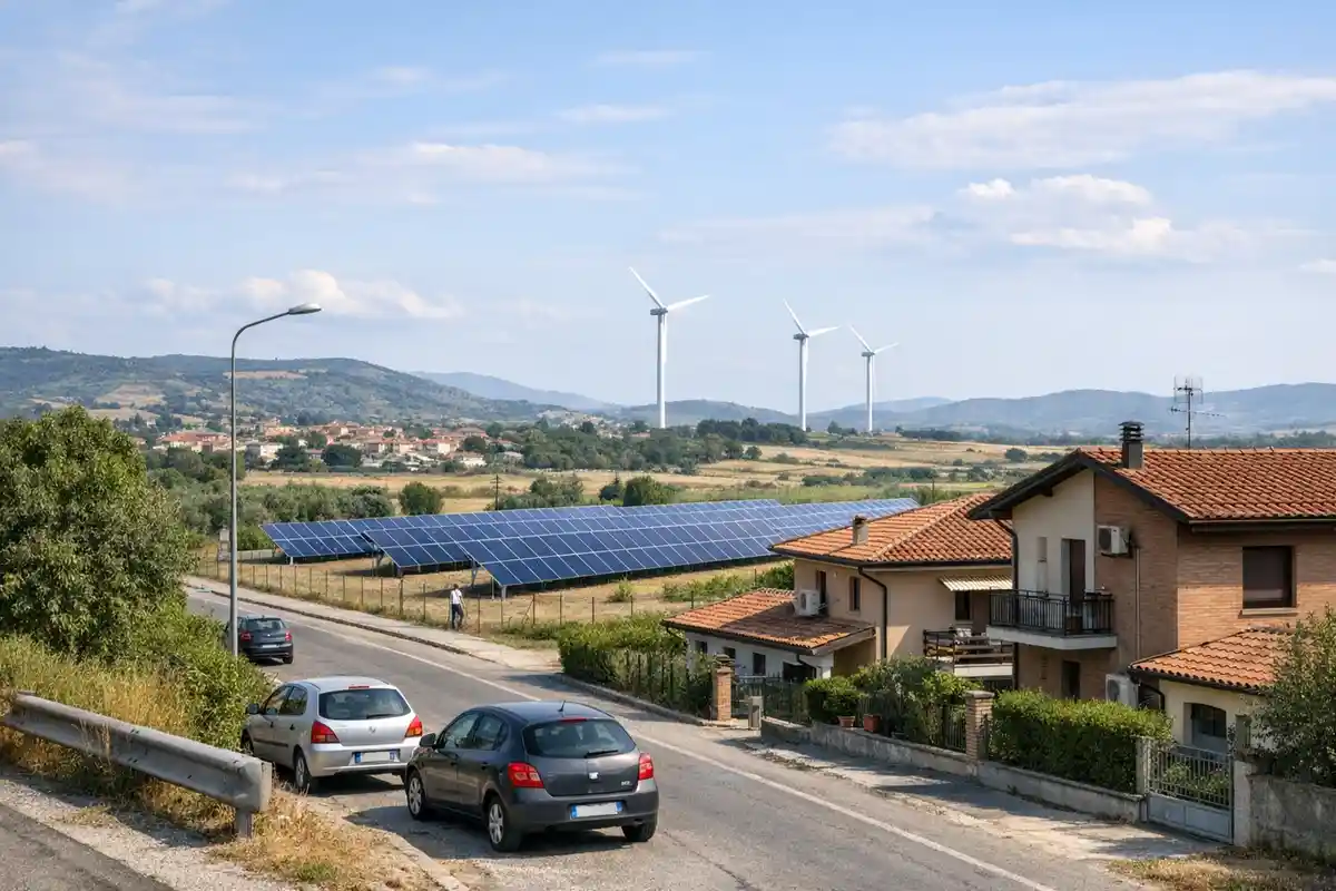 Case con tetti in coppi lungo una strada, auto parcheggiate, campo fotovoltaico e turbine eoliche su colline