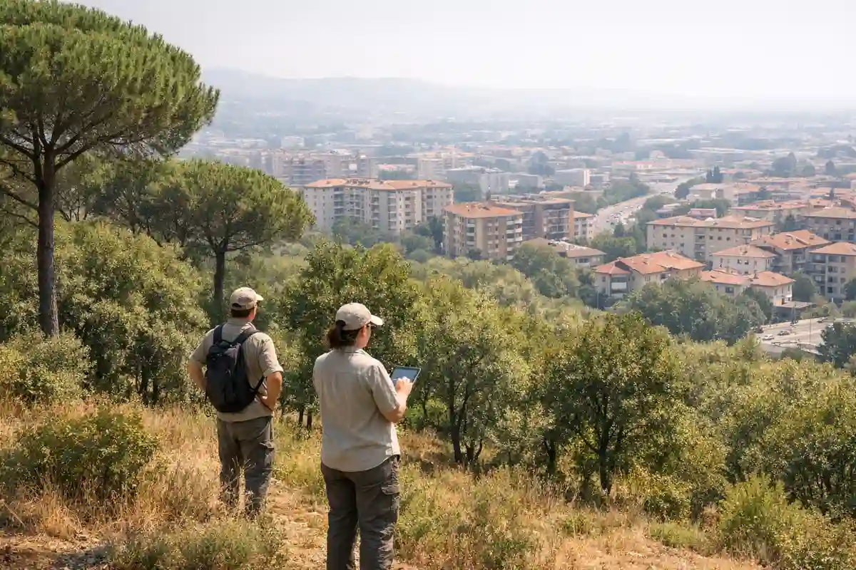 Due tecnici osservano una cintura di alberi su un pendio sopra la periferia urbana in una giornata estiva afosa