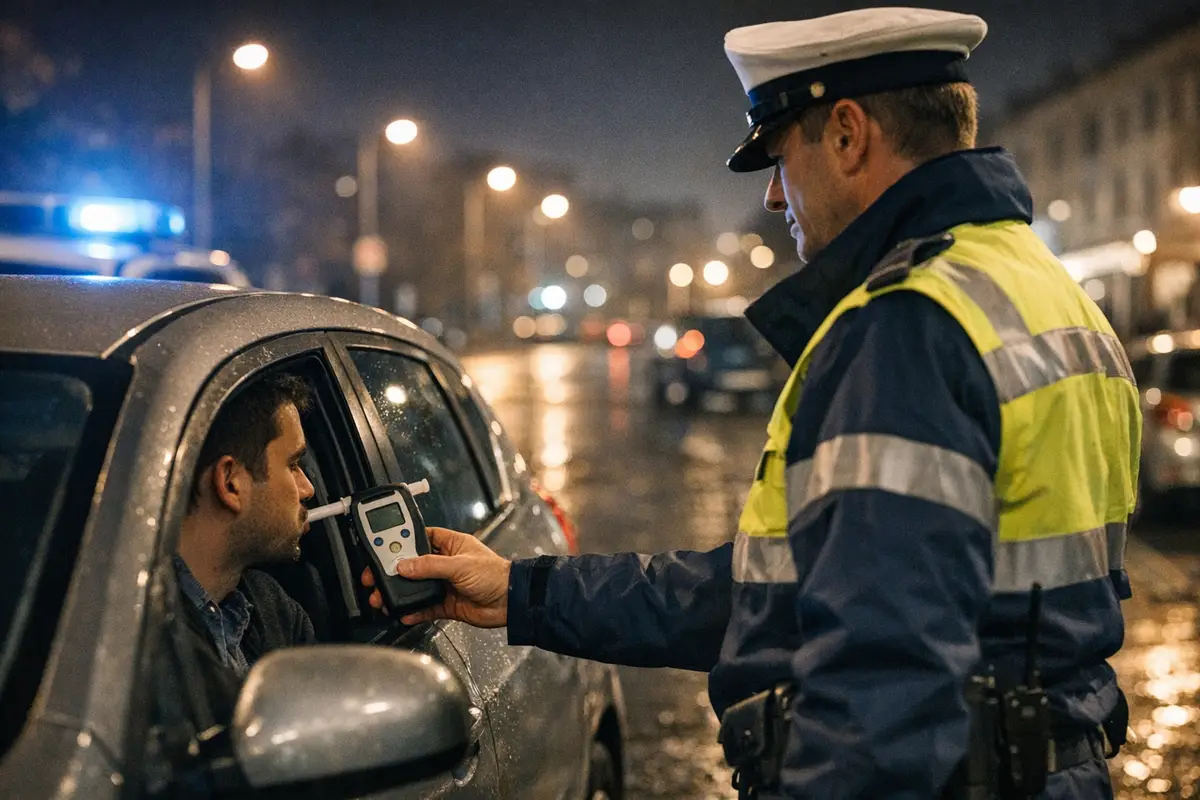 Agente della polizia stradale esegue un alcoltest a un conducente fermato di notte, su strada bagnata