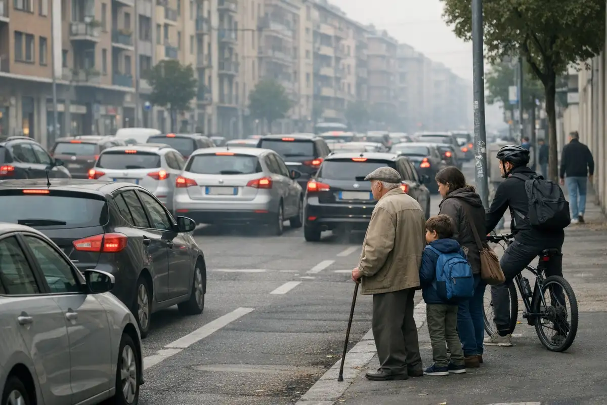 Traffico intenso in città con auto in coda e aria velata; anziano con bastone, madre e bambino e un ciclista sul marciapiede