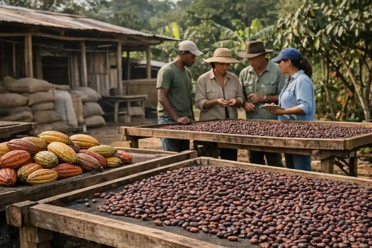 Tavoli di essiccazione con fave di cacao e baccelli, con tecnici e agricoltori che controllano la qualità