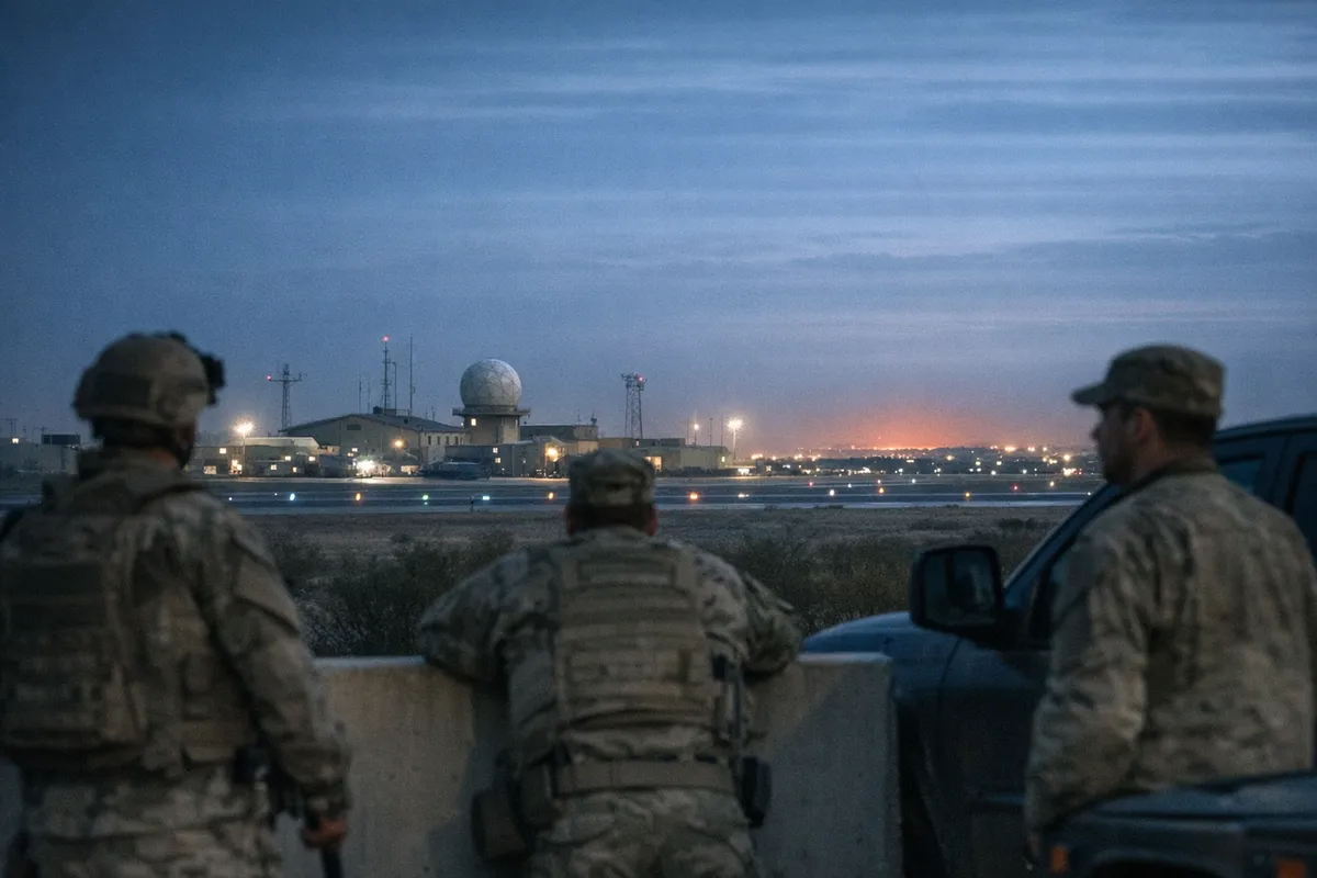Militari in uniforme osservano una base aerea con luci pista e radar sferico all’alba