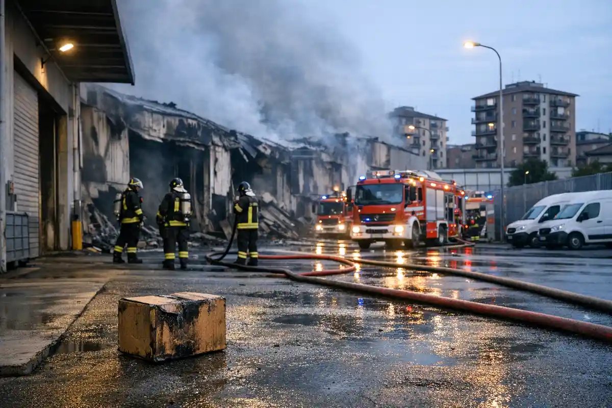 Vigili del fuoco davanti a un capannone bruciato con fumo, autopompa e manichette su strada bagnata