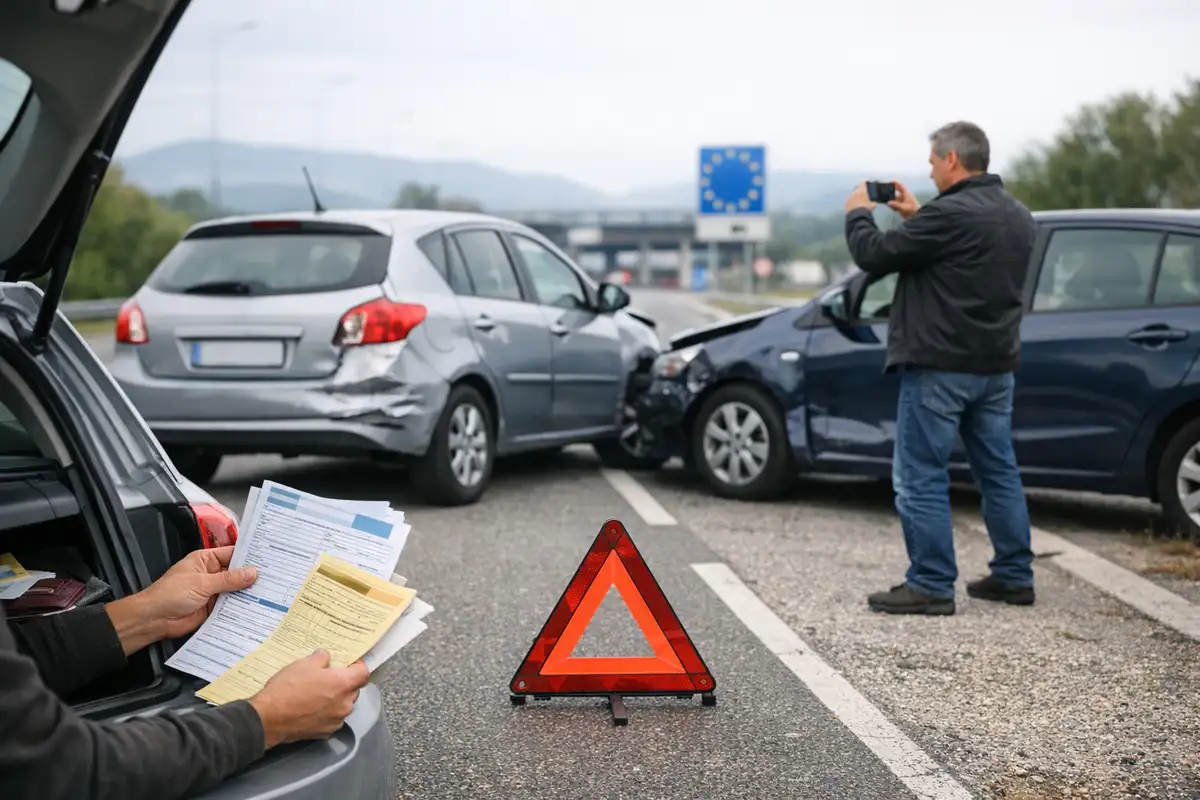 Due auto incidentate a bordo strada con triangolo di emergenza, un uomo fotografa i danni e un altro tiene moduli