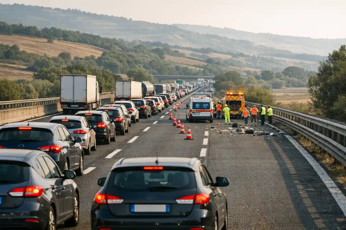 Coda di auto in autostrada con coni, mezzi di soccorso e operatori al lavoro su detriti in carreggiata