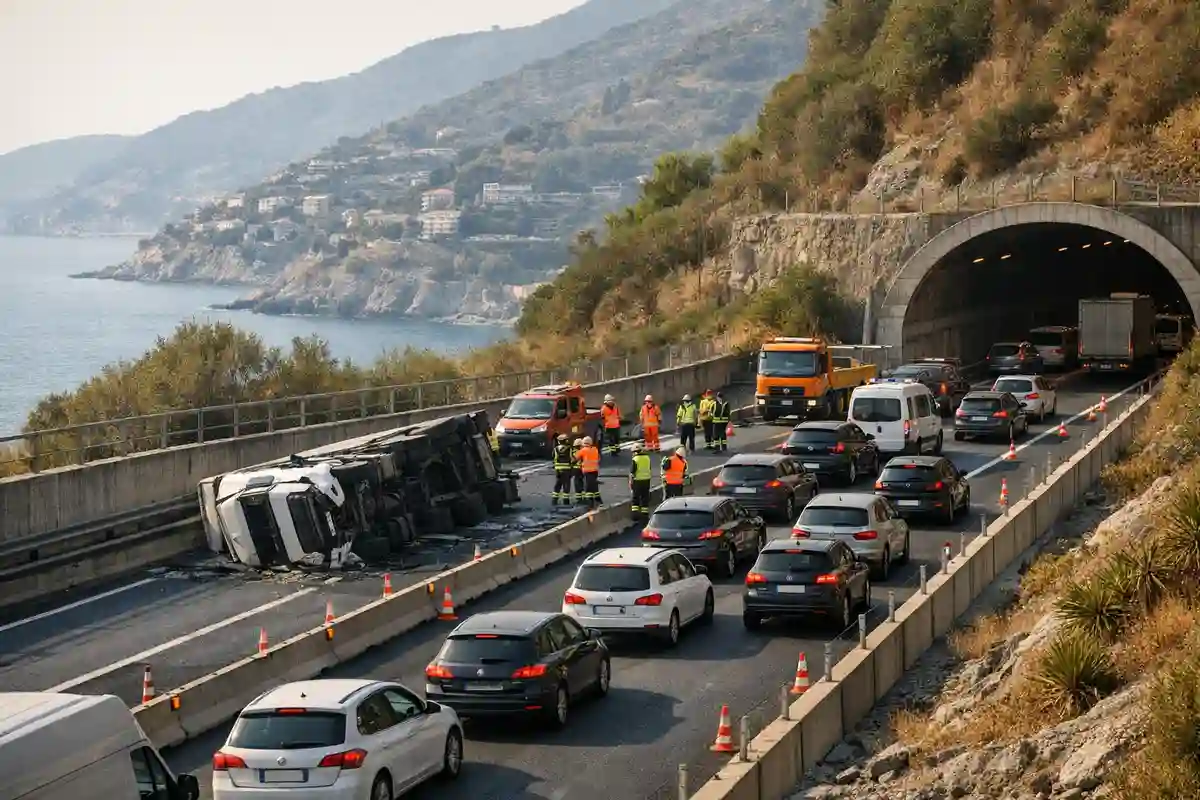 Camion ribaltato vicino a una galleria con coda di auto e mezzi pesanti su autostrada costiera