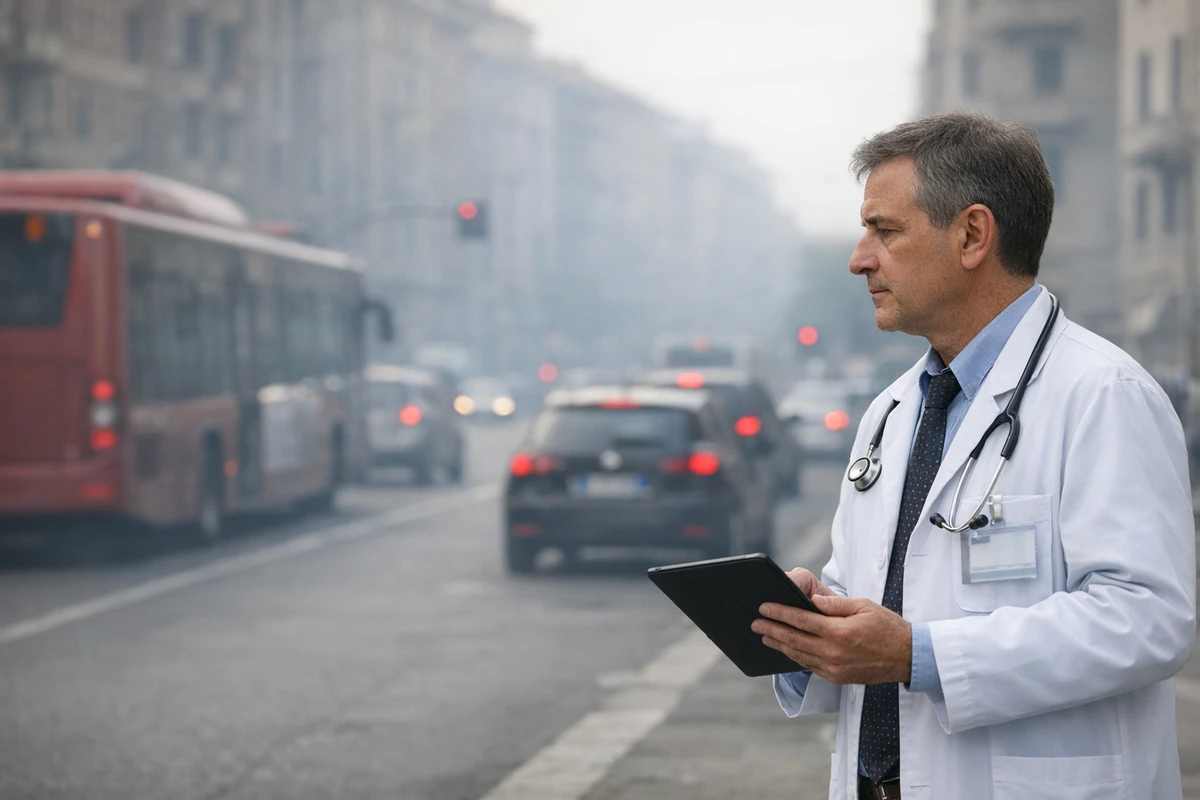 Medico con camice e stetoscopio usa un tablet vicino a una strada urbana trafficata con foschia di smog