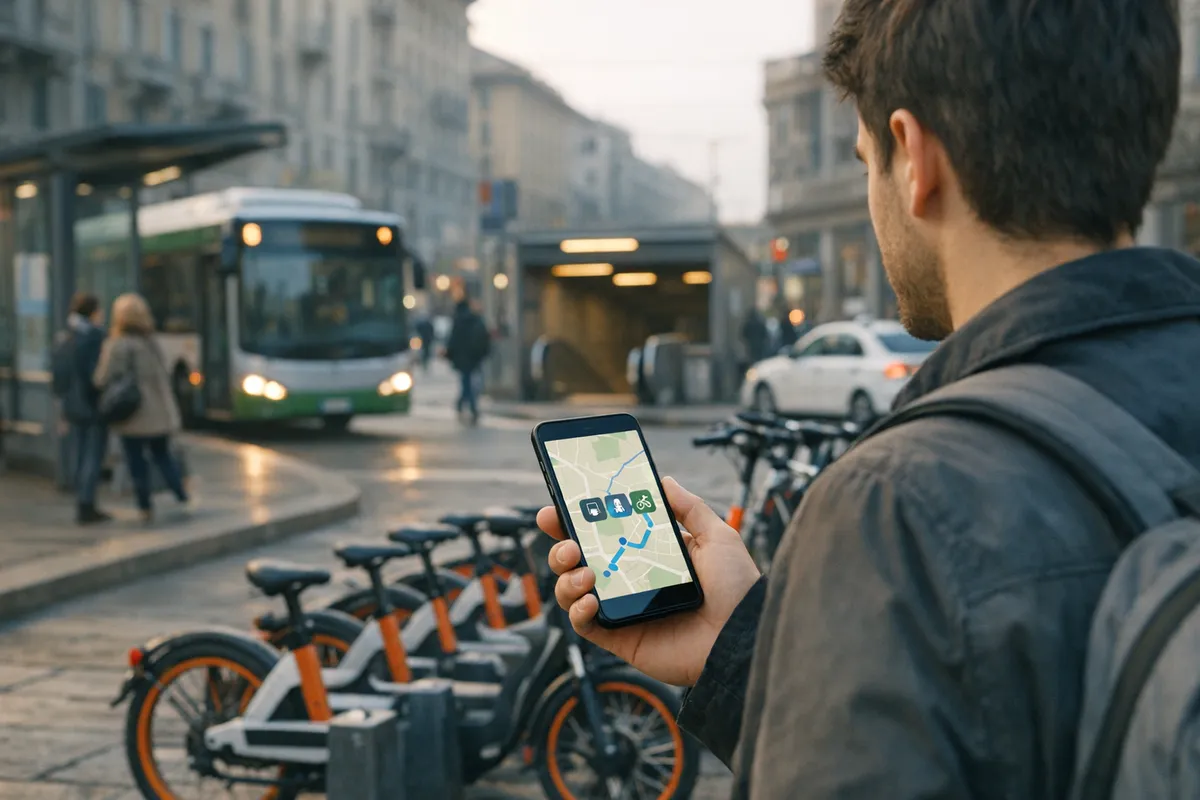 Pendolare guarda una mappa su smartphone vicino a bici in sharing, con autobus e ingresso metro sullo sfondo