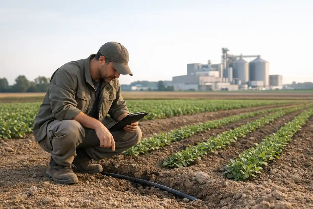 Tecnico agricolo accovacciato tra i filari controlla un tubo di irrigazione e un tablet, con silos industriali sullo sfondo