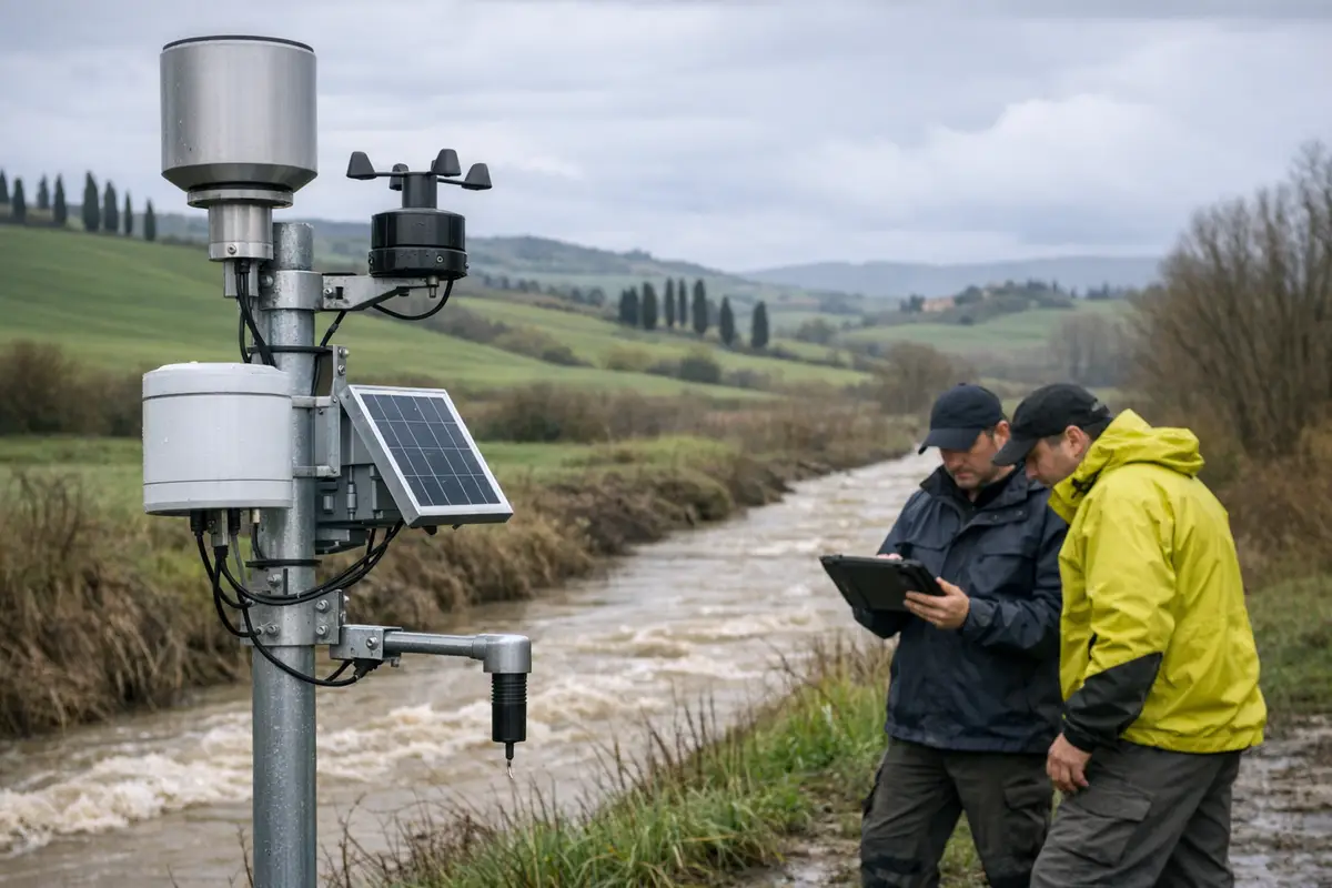 Centralina meteo-idrologica con pannello solare vicino a un torrente, due tecnici controllano i dati su tablet