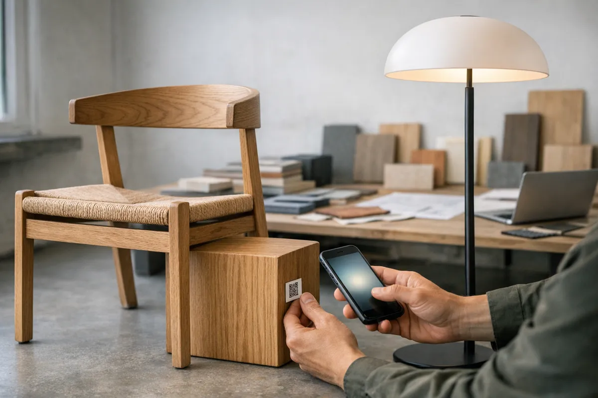 Mani che scansionano con uno smartphone un tag QR su un cubo di legno accanto a sedia in legno e lampada da terra