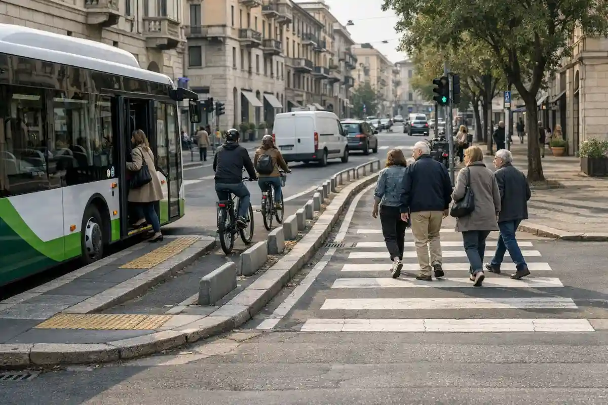 Autobus urbano in fermata, ciclisti su pista protetta e pedoni sulle strisce in una strada cittadina