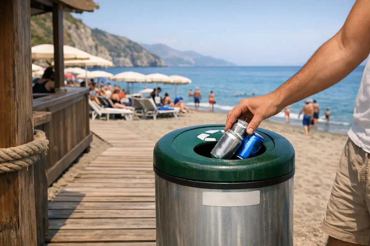 Mano che getta lattine in un cestino per il riciclo sulla passerella di un lido, con ombrelloni e mare sullo sfondo