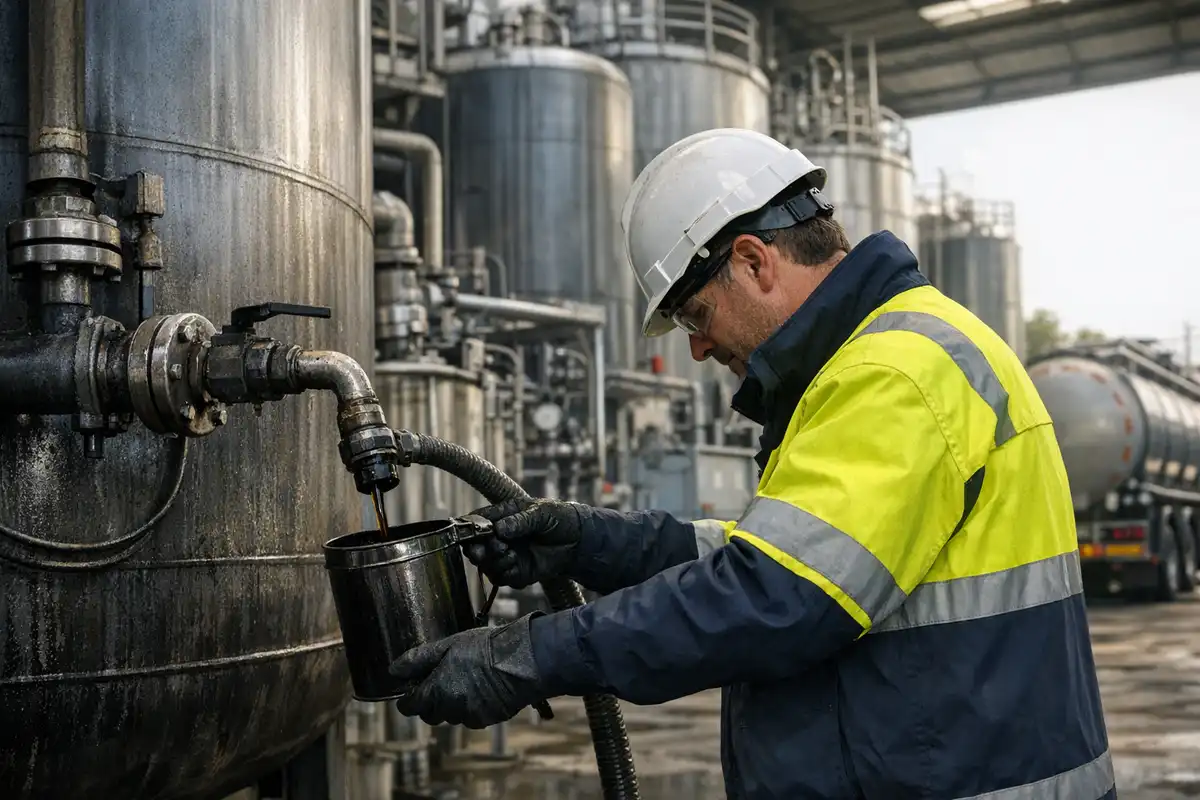 Operatore con casco e giacca alta visibilità preleva olio scuro da un serbatoio industriale con un contenitore
