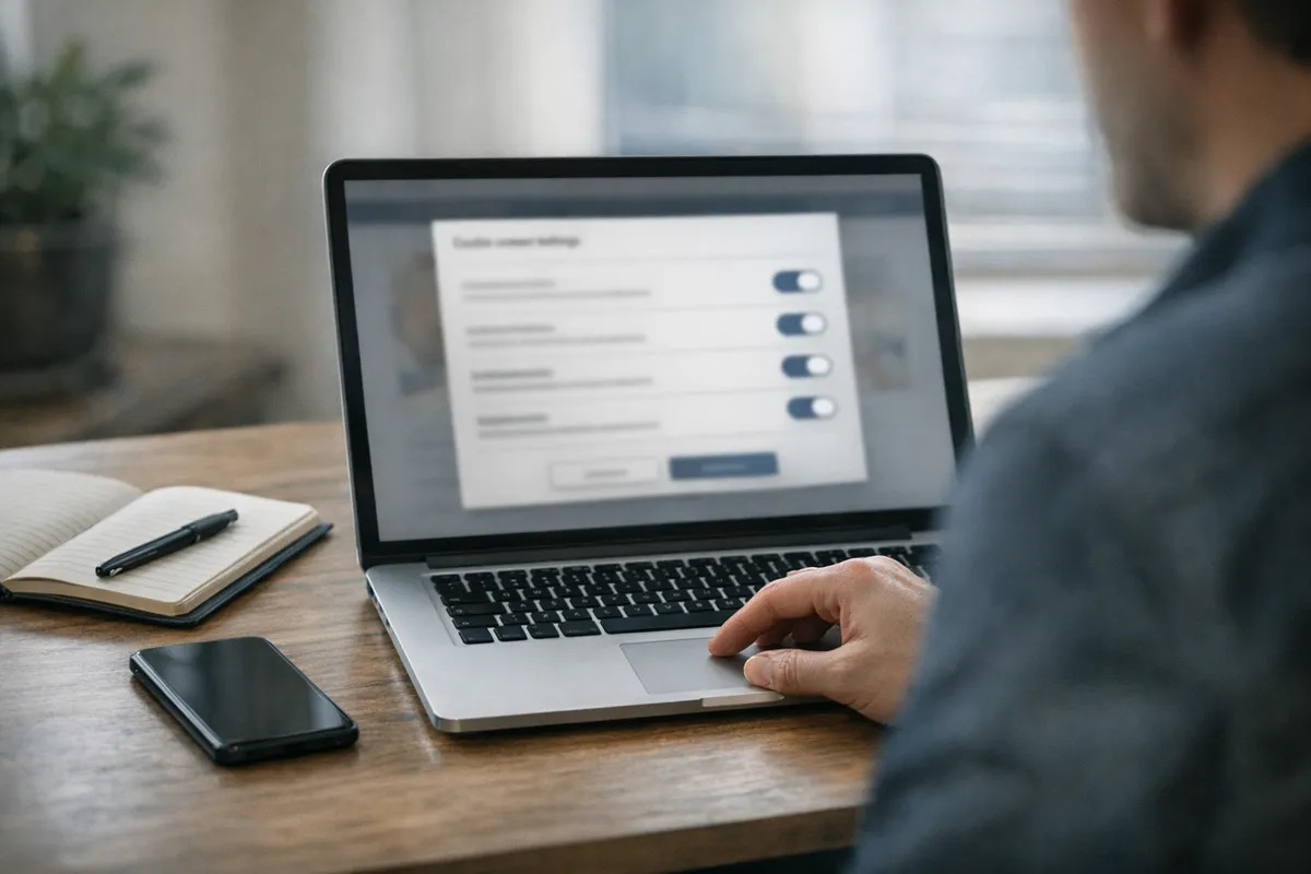 Mano sul trackpad davanti a un laptop con pannello di impostazioni per il consenso ai cookie e interruttori