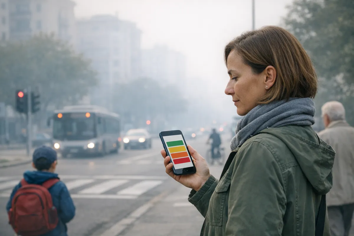 Donna al semaforo in una strada cittadina con smog, guarda sullo smartphone un indicatore a bande colorate