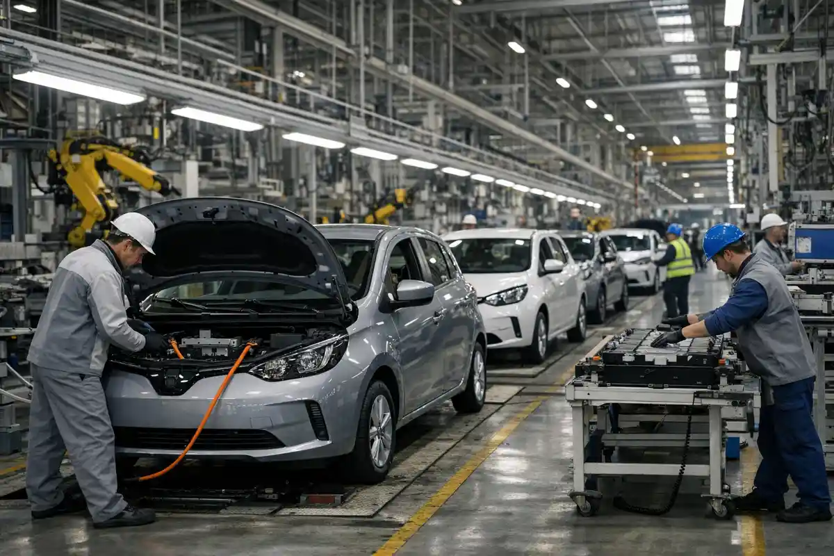 Operai in catena di montaggio controllano un’auto elettrica con cofano aperto e un modulo batteria su carrello