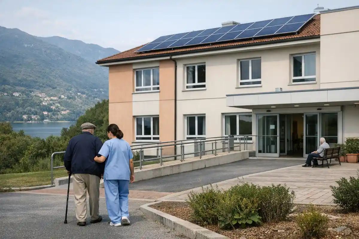 Operatrice sanitaria accompagna un anziano davanti a una residenza con pannelli solari e rampa d’accesso