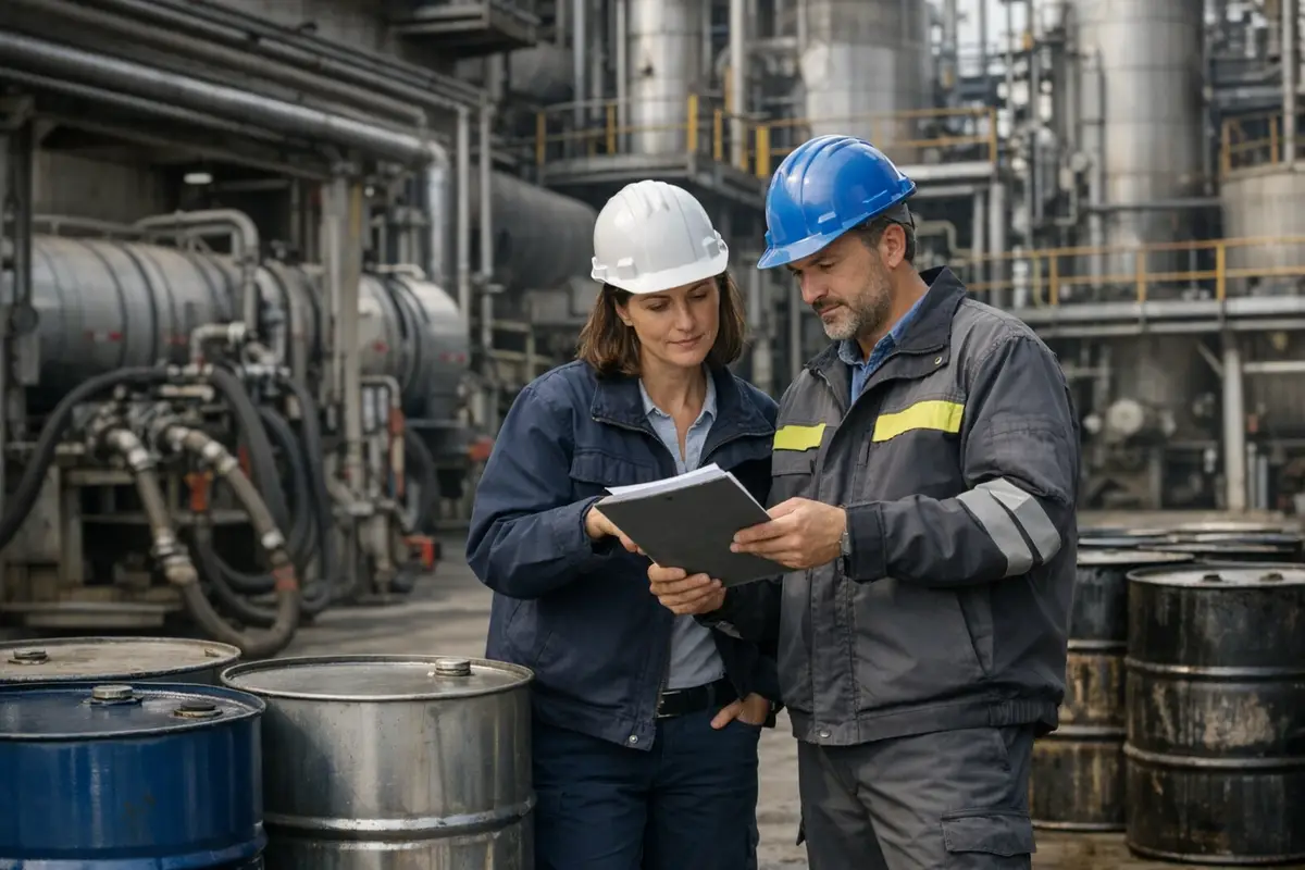 Due tecnici con caschi di sicurezza consultano documenti in un impianto industriale con fusti d’olio e tubazioni