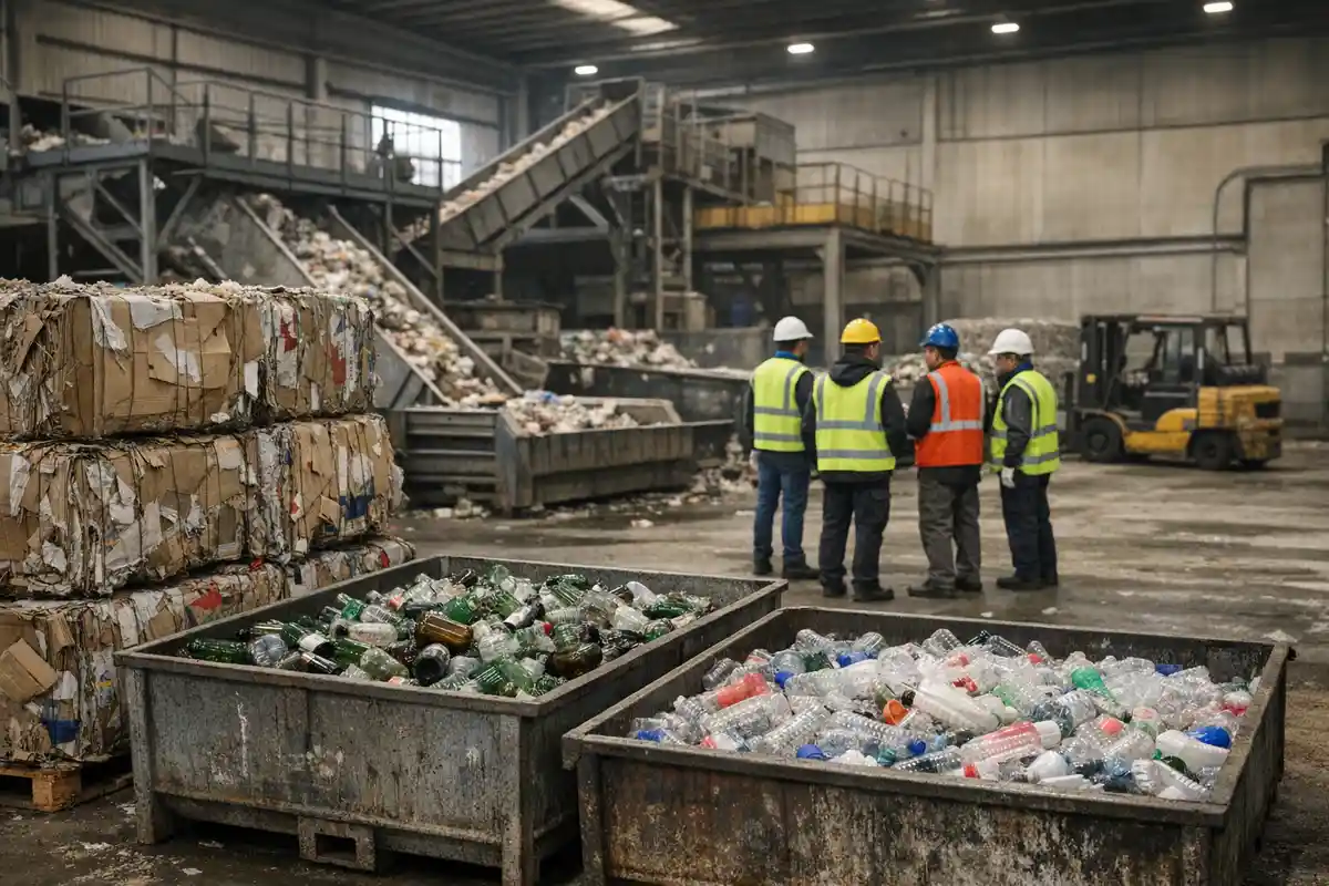 Impianto di riciclo con balle di cartone, cassoni di vetro e plastica, e operai con giubbotti alta visibilità