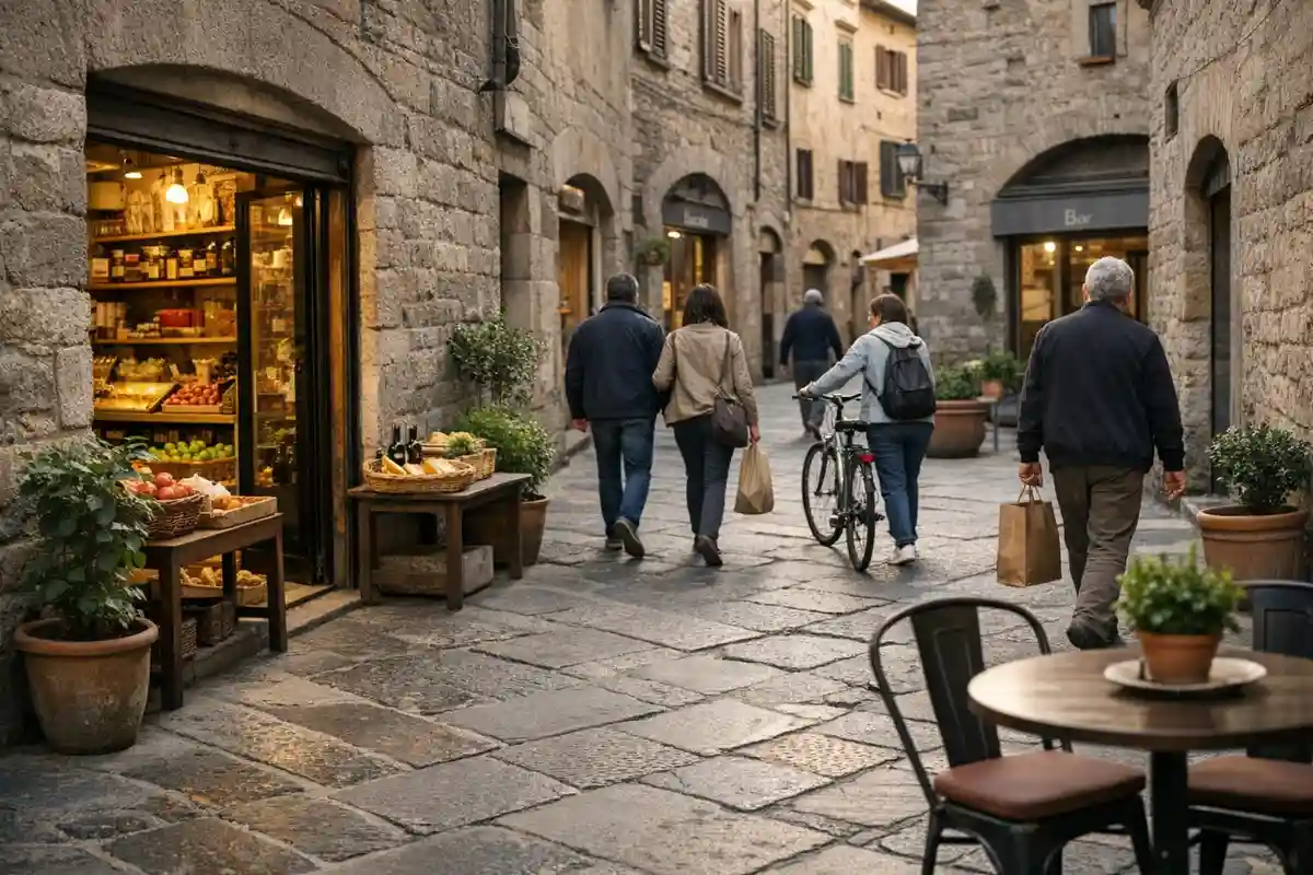 Strada di centro storico con bottega illuminata, frutta in esposizione, pedoni e una bicicletta su pavé in pietra