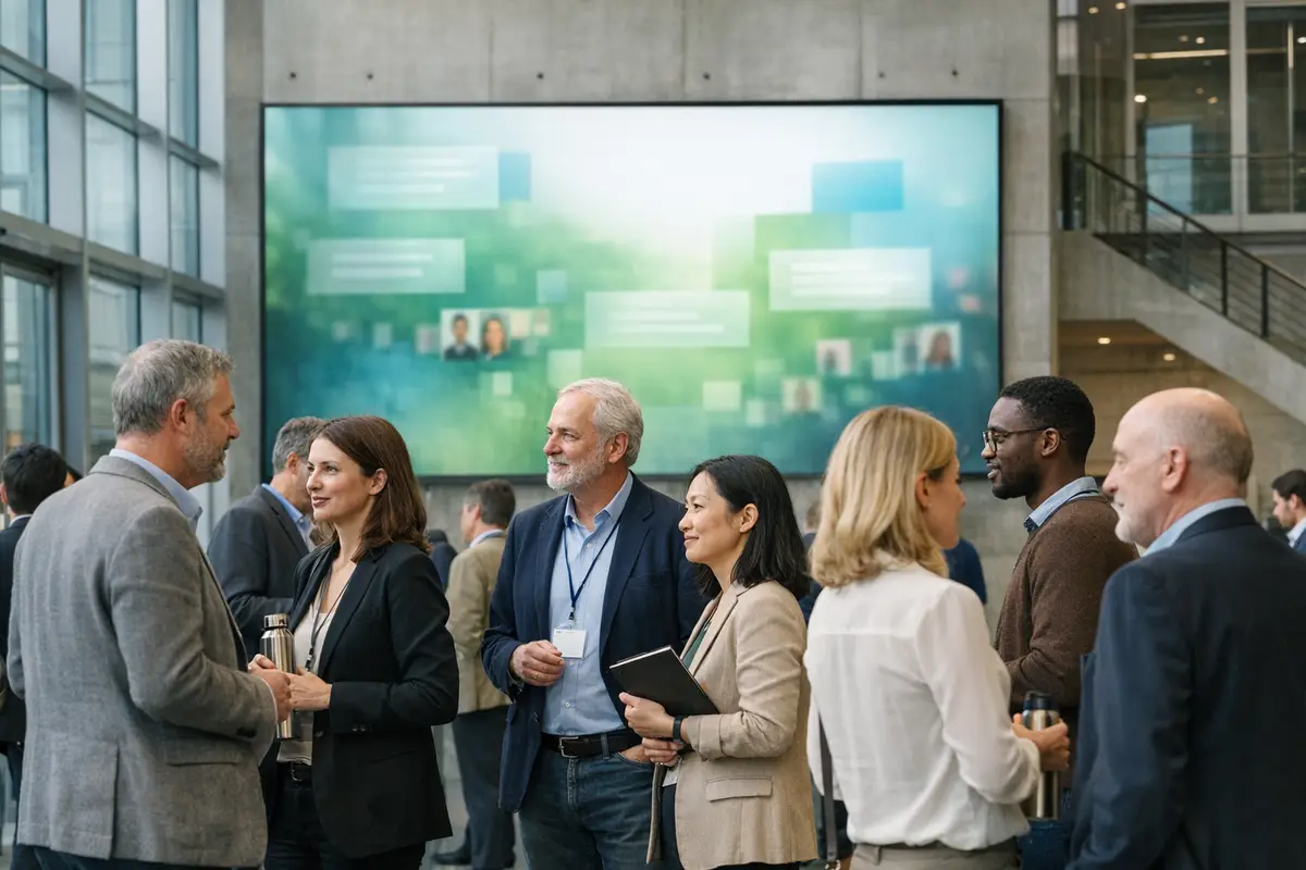 Partecipanti a un evento di sostenibilità conversano in un atrio universitario con grande video wall sullo sfondo