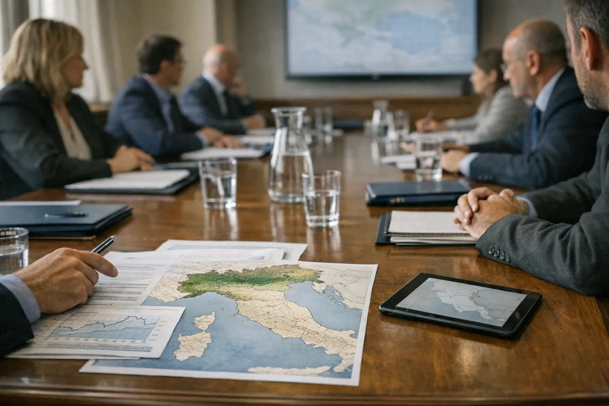 Riunione istituzionale attorno a un tavolo con mappe dell’Italia, grafici idrologici, bicchieri d’acqua e tablet