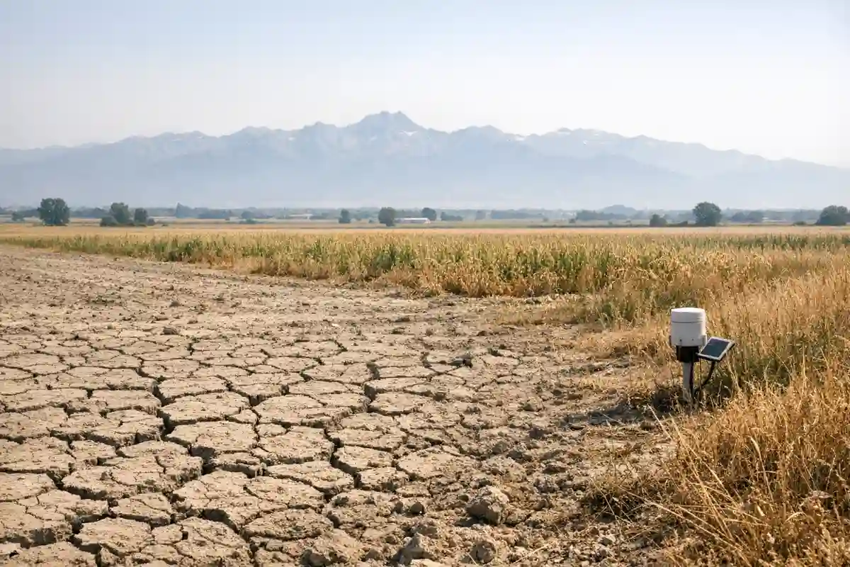 Campo arido con terreno screpolato e sonda di monitoraggio, sullo sfondo montagne in foschia