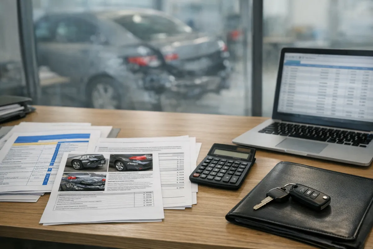 Scrivania con pratiche di sinistro auto, foto di danni, calcolatrice, laptop e chiavi; auto danneggiata sullo sfondo
