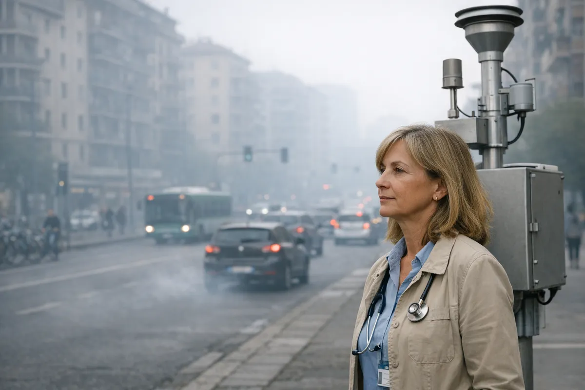 Medica con stetoscopio accanto a una centralina, mentre il traffico scorre in una strada cittadina nella foschia di smog