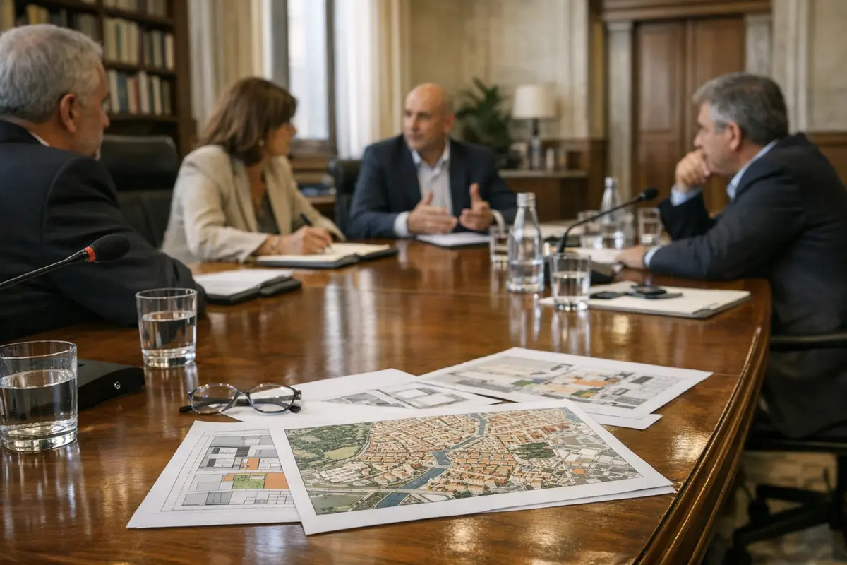 Riunione istituzionale attorno a un tavolo con microfoni, bicchieri d’acqua e planimetrie urbanistiche