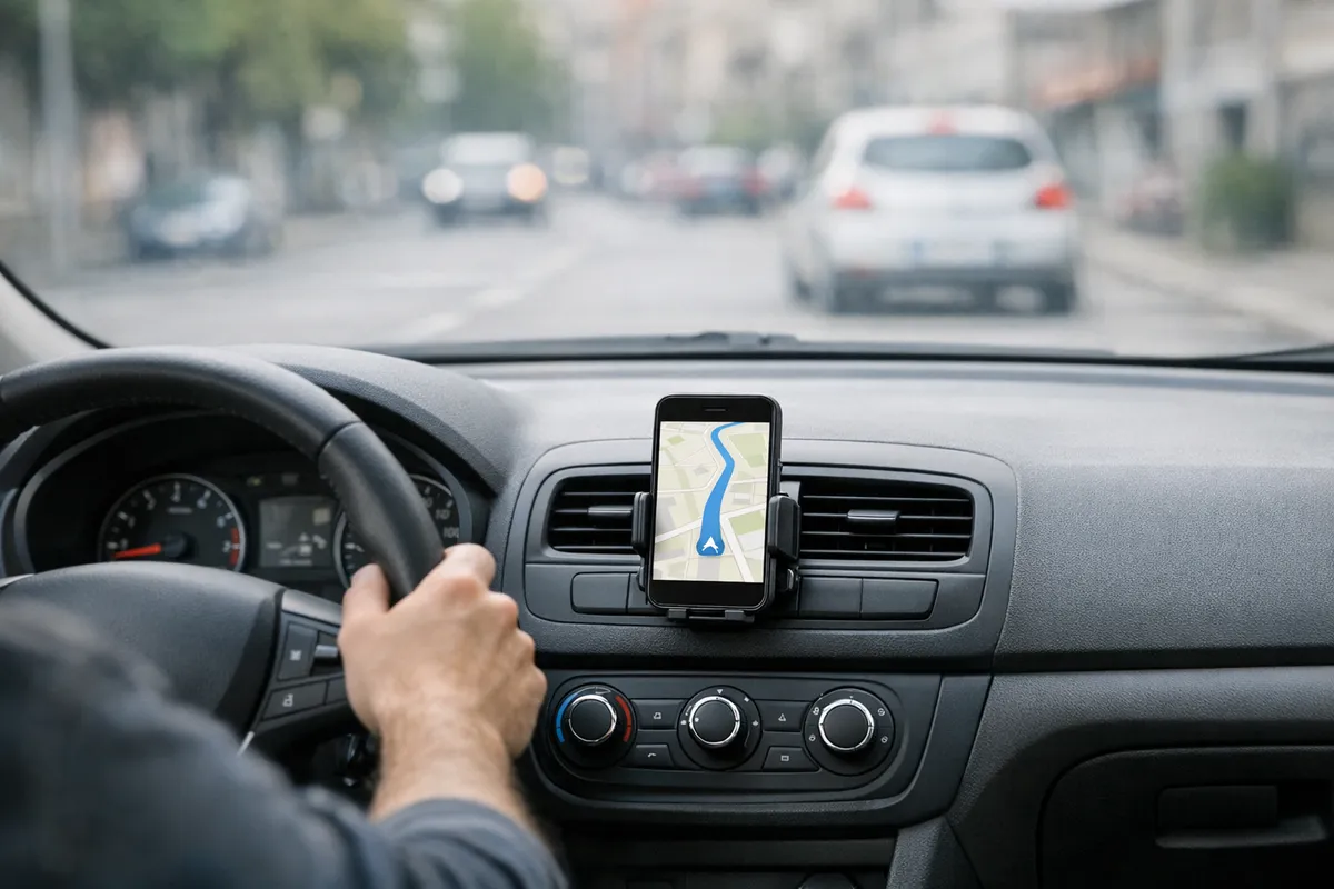 Smartphone con navigatore su supporto alle bocchette centrali, vista dal posto guida con strada sfocata