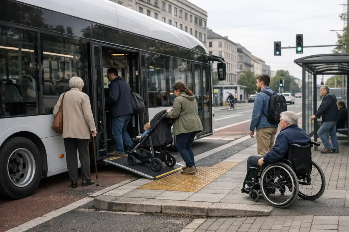 Persone salgono su un autobus moderno con rampa accessibile; in primo piano un uomo in sedia a rotelle alla fermata