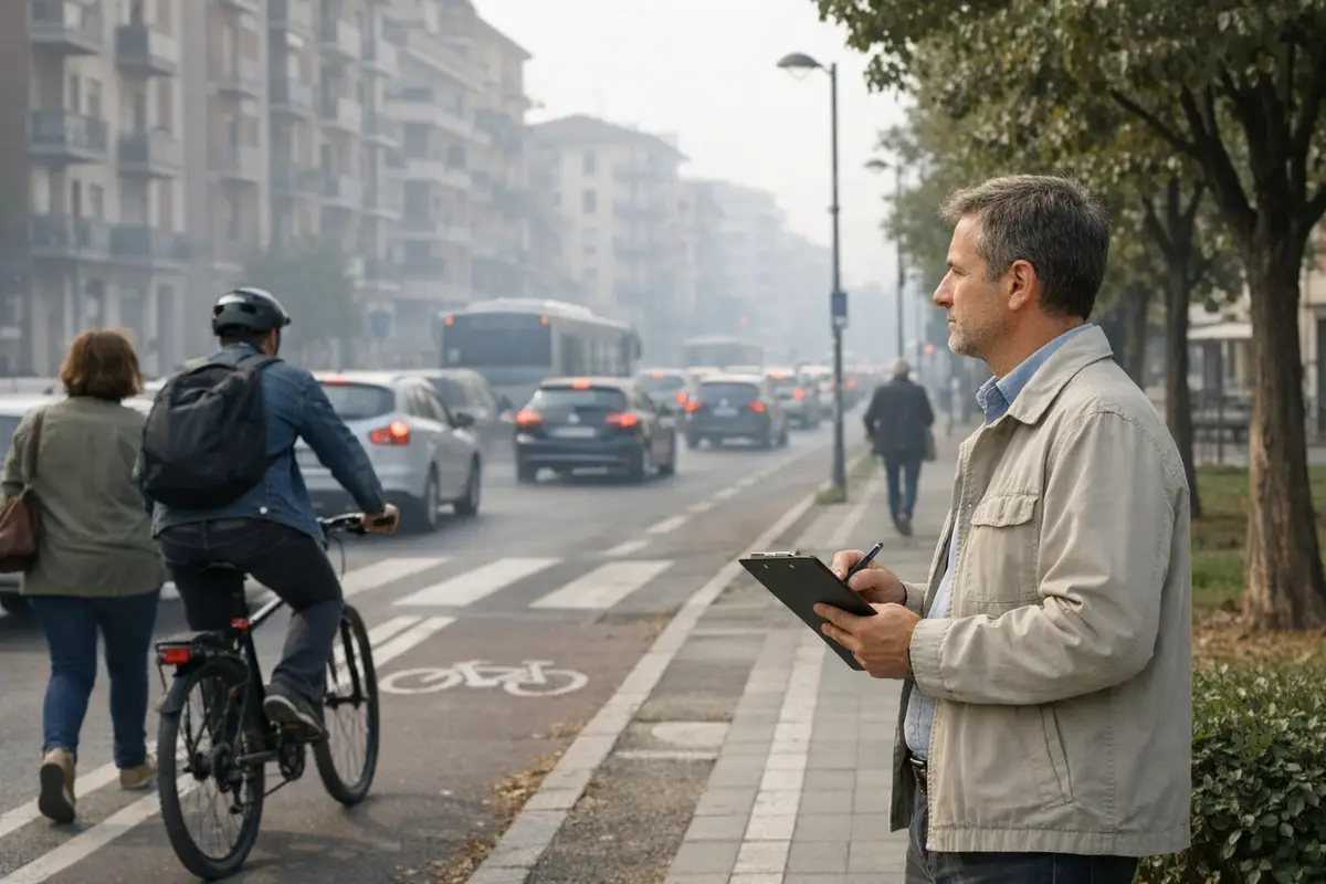 Uomo con taccuino sul marciapiede accanto a pista ciclabile, traffico e leggera foschia in una strada cittadina